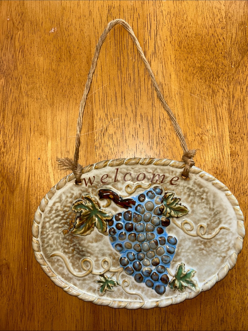Welcome Ceramic Grape Wall Plaque - Blue & Green